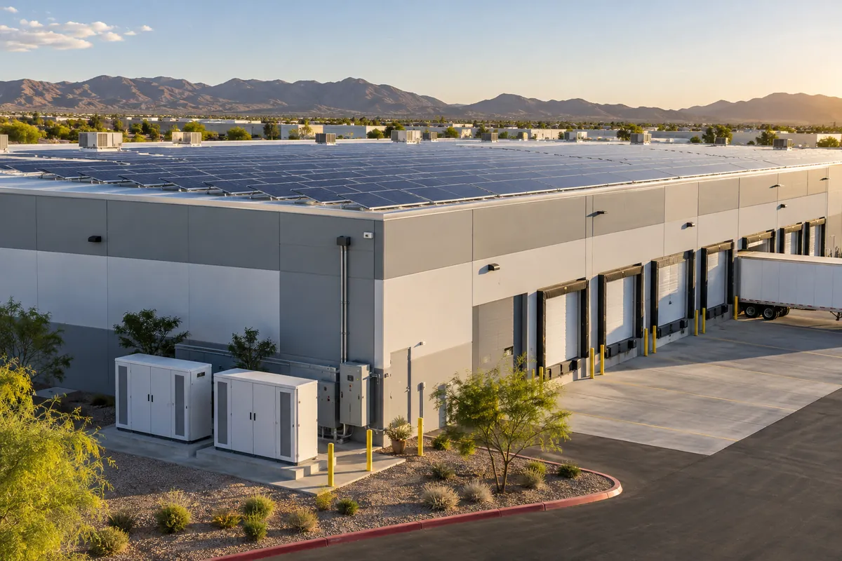 Commercial building with rooftop solar and battery storage